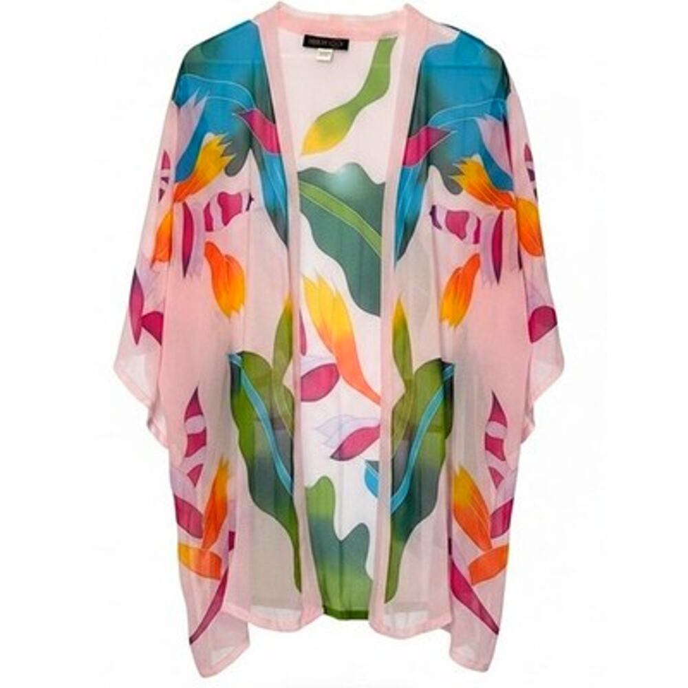 100% Silk Chiffon Sheer Floral Kimono Cardigan Coverup Tropical Botanical Pink